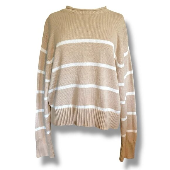 BRIT.NY Womens Sweater Sz Medium Large Tan White Stripe Cotton Roll Neck Preppy - Picture 1 of 7